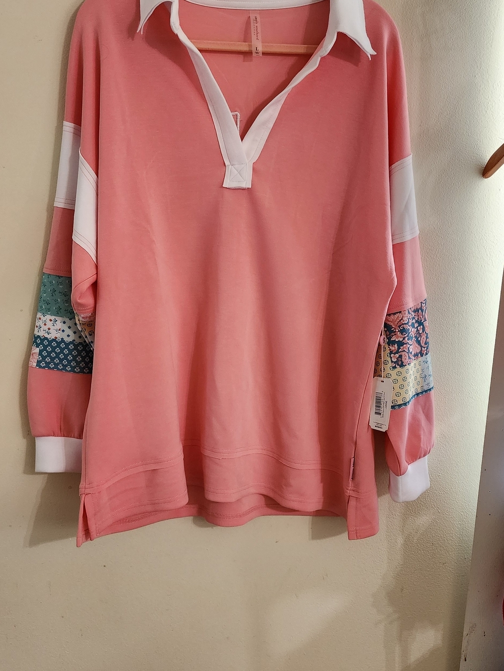 Simply Southern Pink Floral Patchwork Number 05 Long Sleeve Rugby Polo Shirt